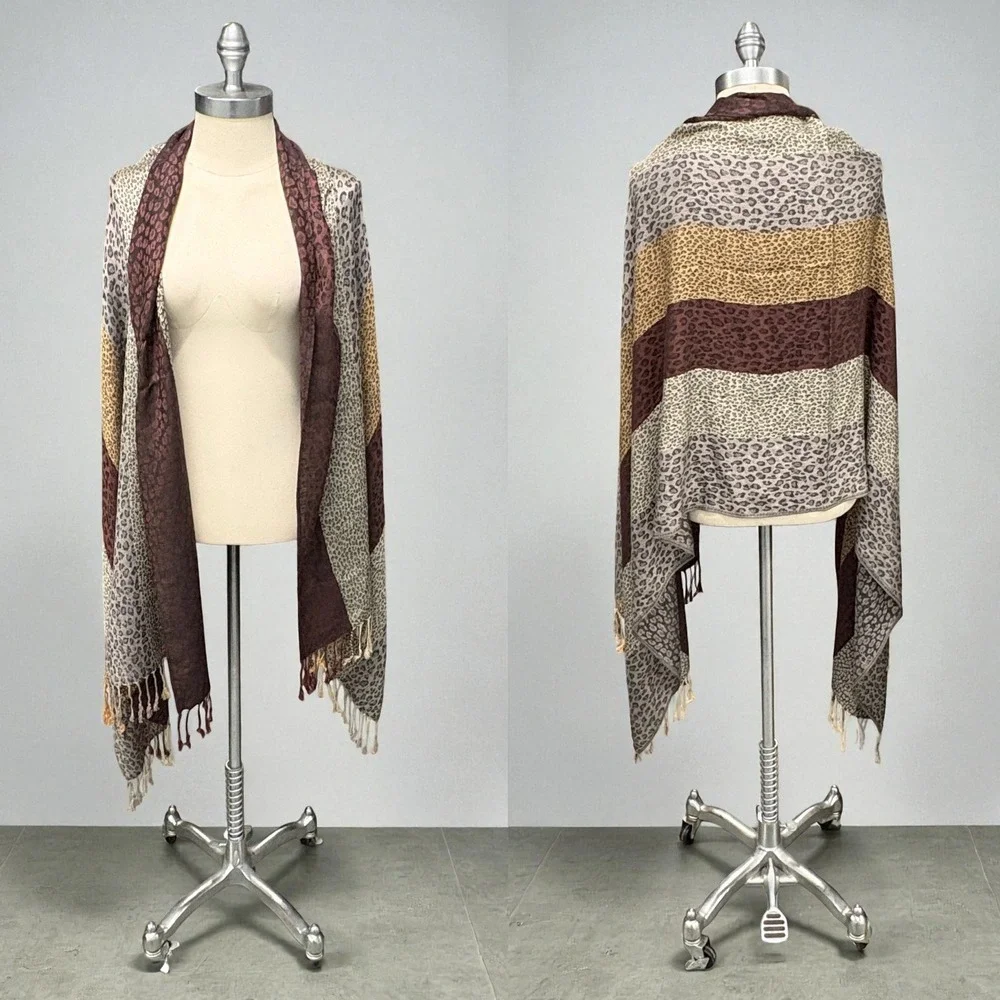 Pashmina‎ Cahmere Animal Print Stripe Wrap Scarf One Size Brown Tassel Fringe